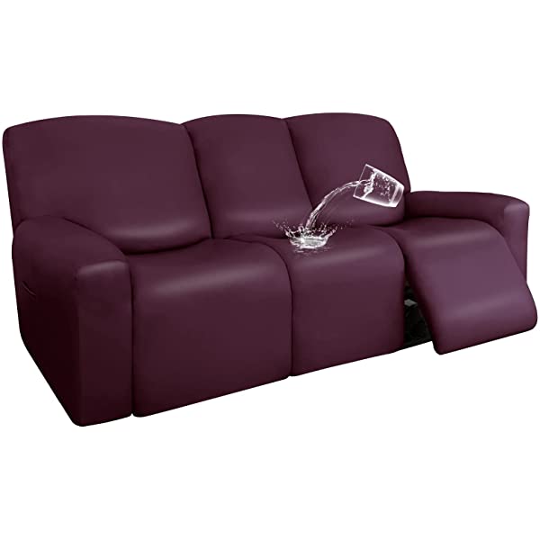 Easy-Going PU Leather Recliner Sofa Slipcovers, Waterproof Stretch Sofa Covers, 8 Pieces Stretch Furniture Protector, Elastic Strap Shield Pets Kids Children Cats Dogs Beige