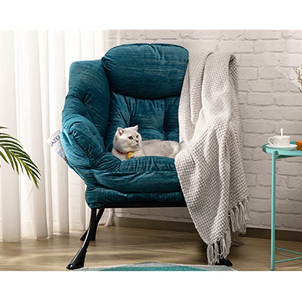 AbocoFur Modern Large Cotton Fabric Lazy Chair，Accent Contemporary Lounge Chair, Single Steel Frame Leisure Sofa Chair with Armrests and A Side Pocket, Beige