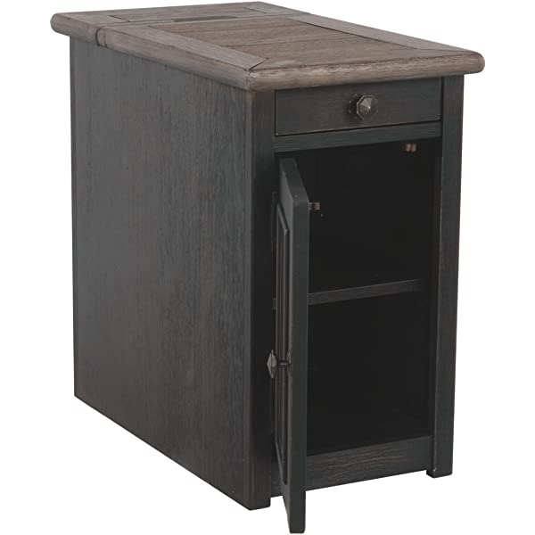 Signature Design by Ashley Tyler Creek Rustic Chair Side End Table with Pull-Out Tray & USB Ports, Brown Blackish Brown Table