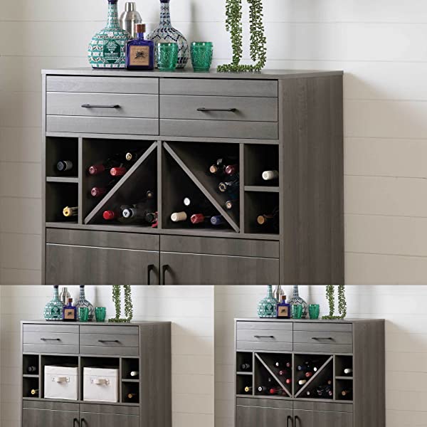South Shore Vietti Bar Cabinet with Liquor and Wine Bottle Storage with Drawers, Black Oak with Metal Handles