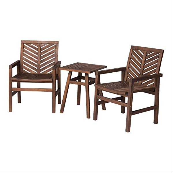 Walker Edison 5 Person Outdoor Wood Chevron Patio Furniture Dining Set Table Chairs Bench All Weather Backyard Conversation Garden Poolside Balcony, 4 Piece, Brown Brown 4 Piece Dining Set