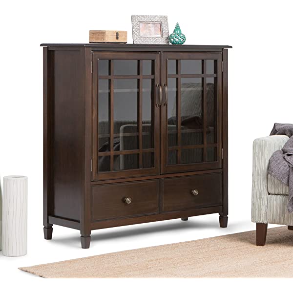 SIMPLIHOME Connaught SOLID WOOD 46 inch Wide Traditional Tall Storage Cabinet in Dark Chestnut Brown, with 2 Tempered Glass Doors that open to a Cabinet with 4 Adjustable Shelves an two Deep Drawers