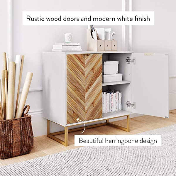 Nathan James Enloe Modern Storage, Free Standing Accent Cabinet with Doors in a Rustic Fir Wood Finish Powder-coated Metal Base for Hallway, Entryway or Living Room, White/Gold