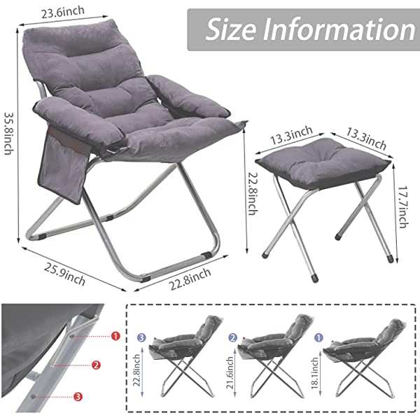 VOJUEAR Modern Accent Fabric Lazy Chair with Ottoman, Upholstered Lounge Reclining Armchair with Side Pocket for Adults or Kids,Upholstered Lounge Leisure Armrest Sofa Chair (CharcoalGrey)