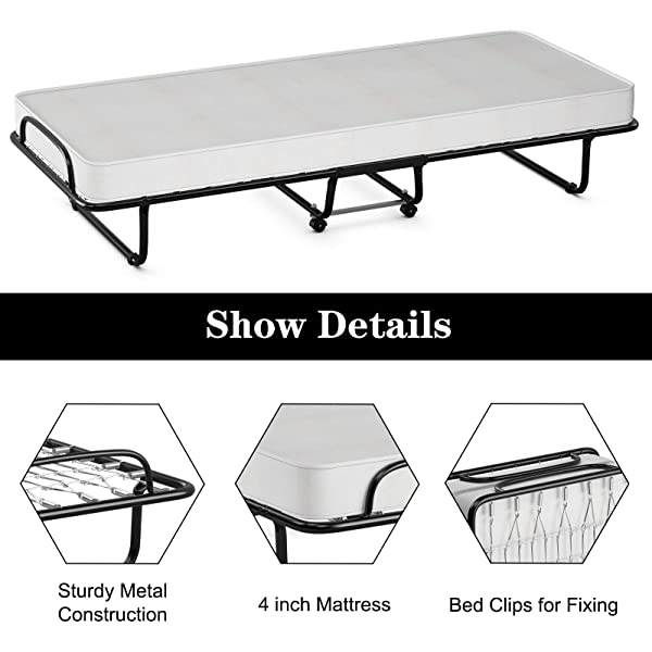 Giantex Rollaway Folding Bed with 4 Inch Mattress, Portable Foldable Guest Bed for Adults, Sturdy Metal Frame, Memory Foam Mattress, Folding Bed Cot Size (Beige & Black) Wood