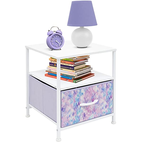 Sorbus Nightstand 1-Drawer Shelf Storage- Bedside Furniture & Accent End Table Chest for Home, Bedroom, Office, College Dorm, Steel Frame, Wood Top, Easy Pull Fabric Bins (Rustic Wood)