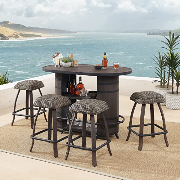 Ulax Furniture Patio Bar Set 5 Piece Outdoor High Bar Stool Bistro Set with Storage Bar Table and Four Wicker Stools