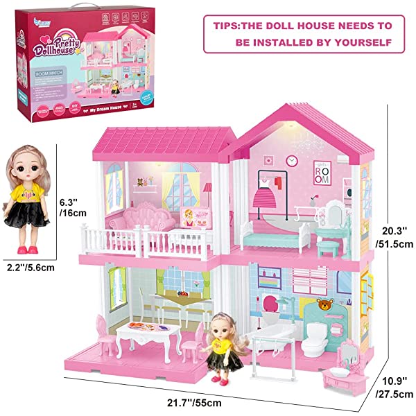 Doll House Kit,Dollhouse with Lights, Slide, Pets and Dolls, DIY Pretend Play Building Playset Toys with Asseccories and Furniture, Princess House for Toddlers, Kids Boy & Girl (11 Rooms)