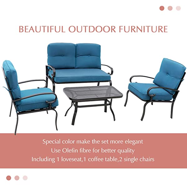 Oakmont Outdoor Furniture Patio Conversation Set Loveseat, 2 Chairs, Coffee Table with Cushion, Lawn Front Porch Garden, Metal Chair Set Wrought Iron Look (Red)