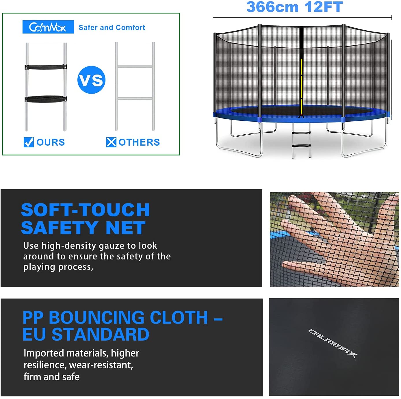 CalmMax Trampoline 12FT Jump Recreational Trampolines with Enclosure Net – ASTM Approved – Combo Bounce Outdoor Trampoline for Kids Family Happy Time