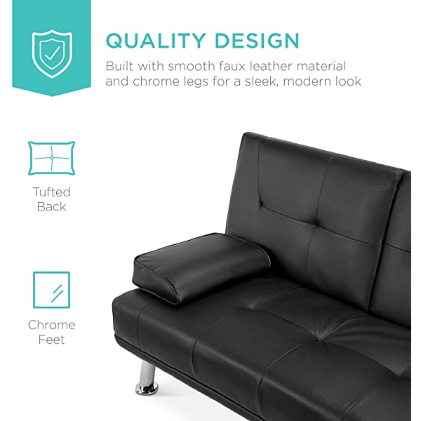 Best Choice Products Faux Leather Upholstered Modern Convertible Folding Futon Sofa Bed for Compact Living Space, Apartment, Dorm, Bonus Room w/Removable Armrests, Metal Legs, 2 Cupholders - Black