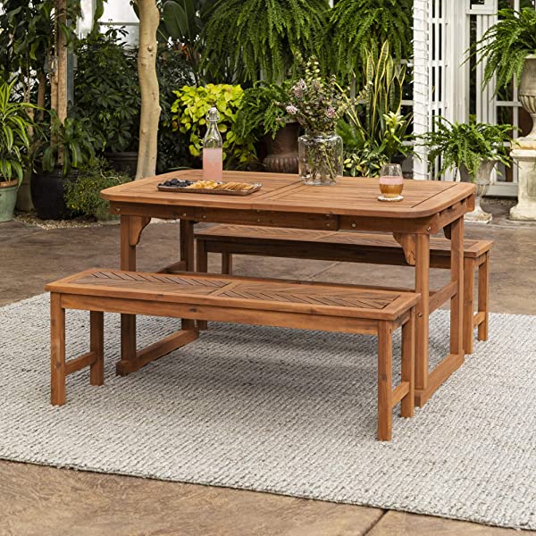 Walker Edison 5 Person Outdoor Wood Chevron Patio Furniture Dining Set Table Chairs Bench All Weather Backyard Conversation Garden Poolside Balcony, 4 Piece, Brown Brown 4 Piece Dining Set