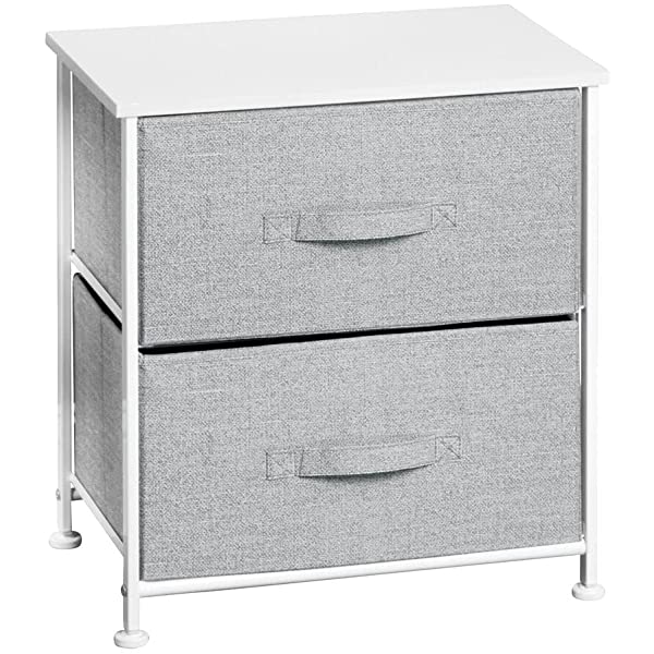 mDesign Storage Dresser End/Side Table Night Stand Furniture Unit - Small Standing Organizer for Bedroom, Office, Living Room, and Closet - 2 Drawer Removable Fabric Bins - Gray/White Grey