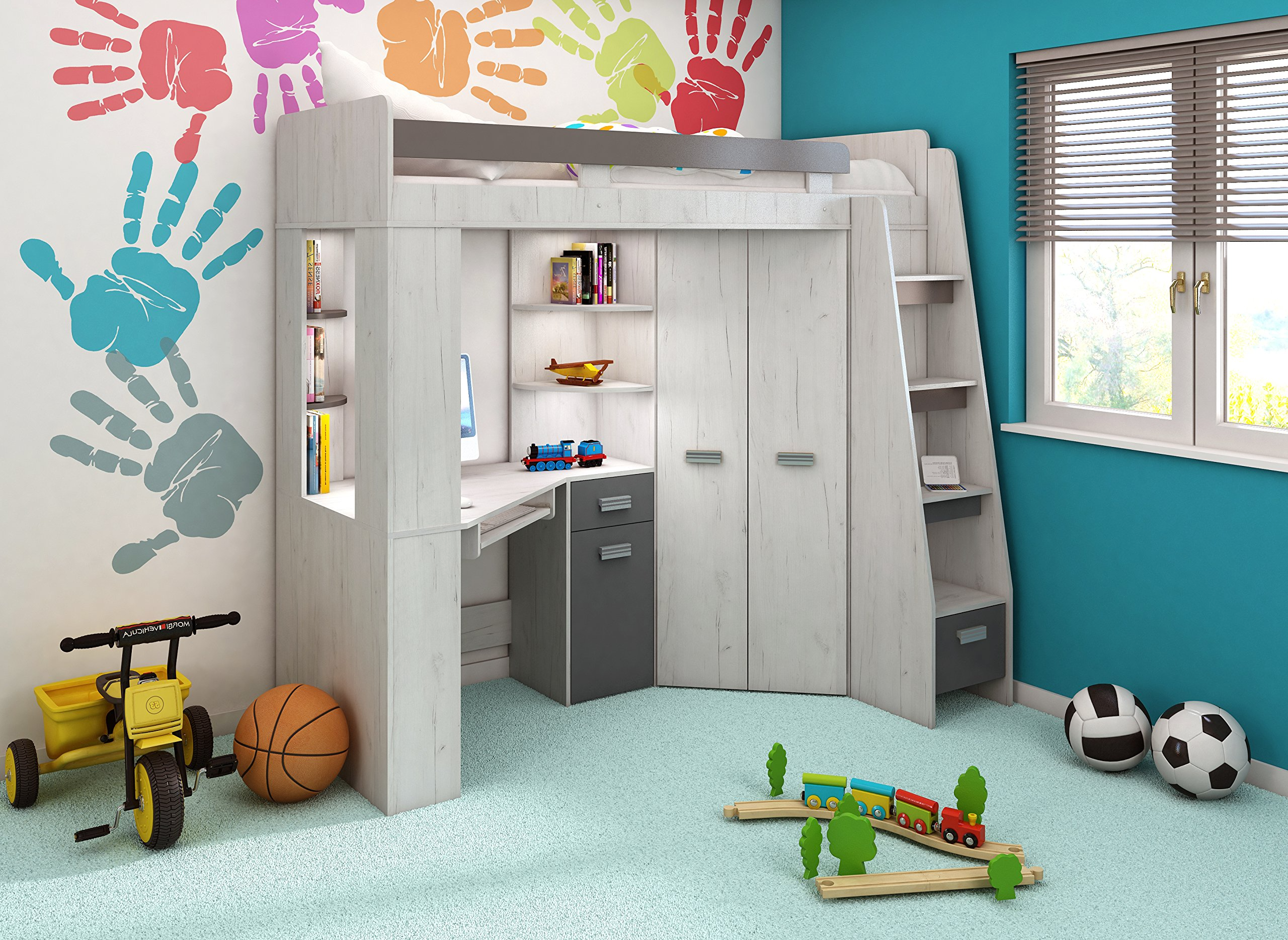 【Furniture】High Sleeper/Bunk Bed - All In 1 Right or Left Hand-side Stairs - Kids/Children Furniture Set