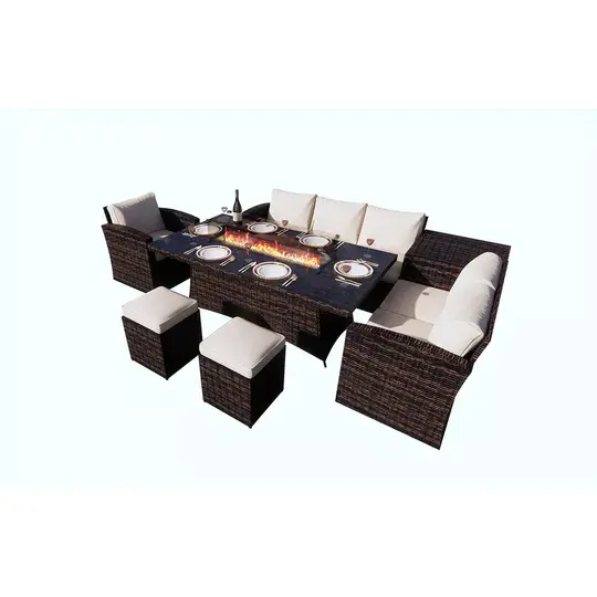 Morden 7-piece Outdoor Wicker Sofa with Fire Pit Table Patio Conversation sofa Set Dining Set