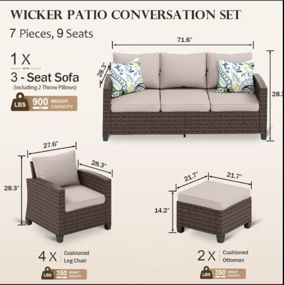 Seven Pieces Rattan Patio Furniture Set, Nine Seats Outdoor Wicker Sectional Con