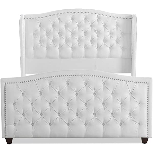 Jennifer Taylor Home Marcella Collection Queen Wingback Tufted Hand-Applied Nail Heads Upholstered Bed, Antique White Antique White Queen