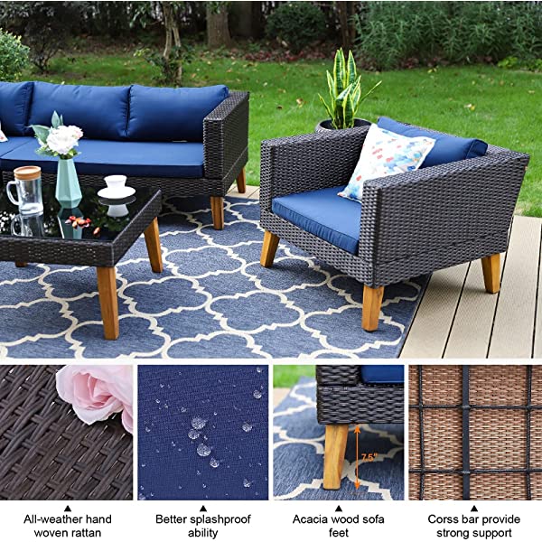 Sophia & William Outdoor Patio Furniture Set All-Weather Wicker Rattan Sectional Sofa Chairs Set, Patio Conversation Set with Acacia Wood Feet & Coffee Table (5 Piece, Navy Blue)