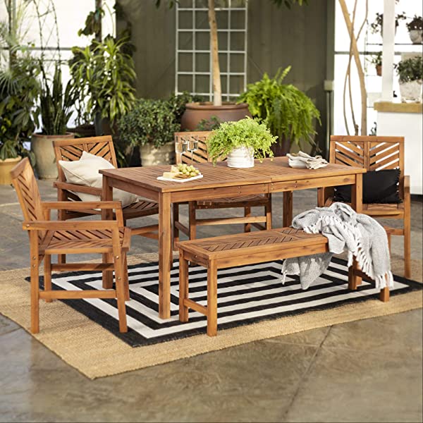Walker Edison 5 Person Outdoor Wood Chevron Patio Furniture Dining Set Table Chairs Bench All Weather Backyard Conversation Garden Poolside Balcony, 4 Piece, Brown Brown 4 Piece Dining Set