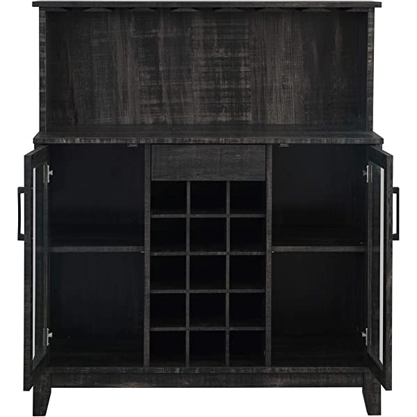 Bar Cabinet with Wine Rack and Glass Doors (Grey wash- Solid)
