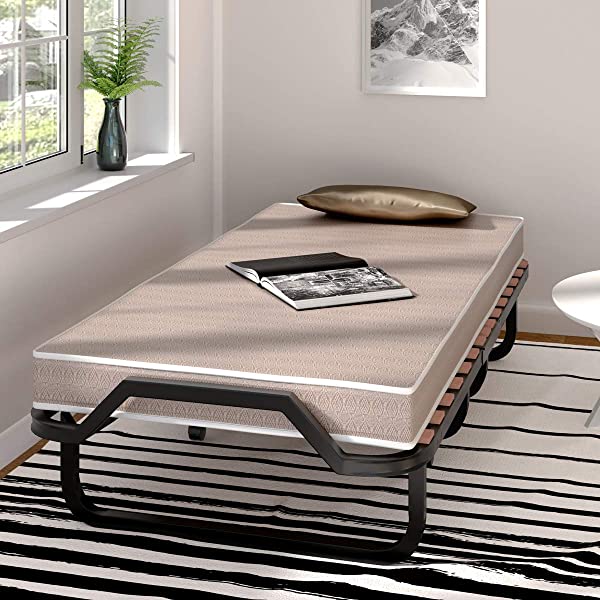 Giantex Rollaway Folding Bed with 4 Inch Mattress, Portable Foldable Guest Bed for Adults, Sturdy Metal Frame, Memory Foam Mattress, Folding Bed Cot Size (Beige & Black) Wood