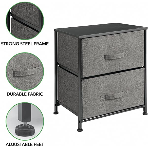 mDesign Storage Dresser End/Side Table Night Stand Furniture Unit - Small Standing Organizer for Bedroom, Office, Living Room, and Closet - 2 Drawer Removable Fabric Bins - Gray/White Grey