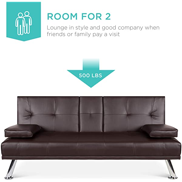 Best Choice Products Faux Leather Upholstered Modern Convertible Folding Futon Sofa Bed for Compact Living Space, Apartment, Dorm, Bonus Room w/Removable Armrests, Metal Legs, 2 Cupholders - Black