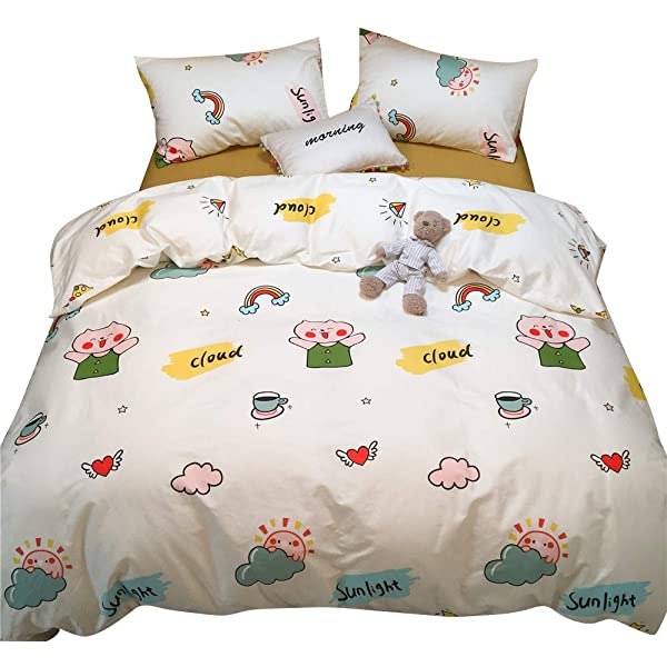 New Cartoon Animals Elephant Print Duvet Cover Sets for Kids 100% Cotton Reversible Soft 3 Pieces Kids Bedding Duvet Cover Pillowcases Kawaii Cloud Bedding Sets, Queen/Full Full/Queen (1 Duvet Cover + 2 Pillowcases) Multi A00 Elephant Bunny Balloon