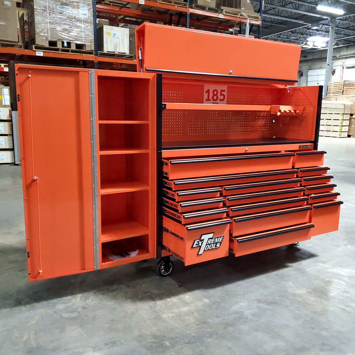 used toolboxScratch & Dent, Extreme Tools DX Series 72 x 21 Triple Bank Roller, Hutch & Side Locker Combo in Orange with Black