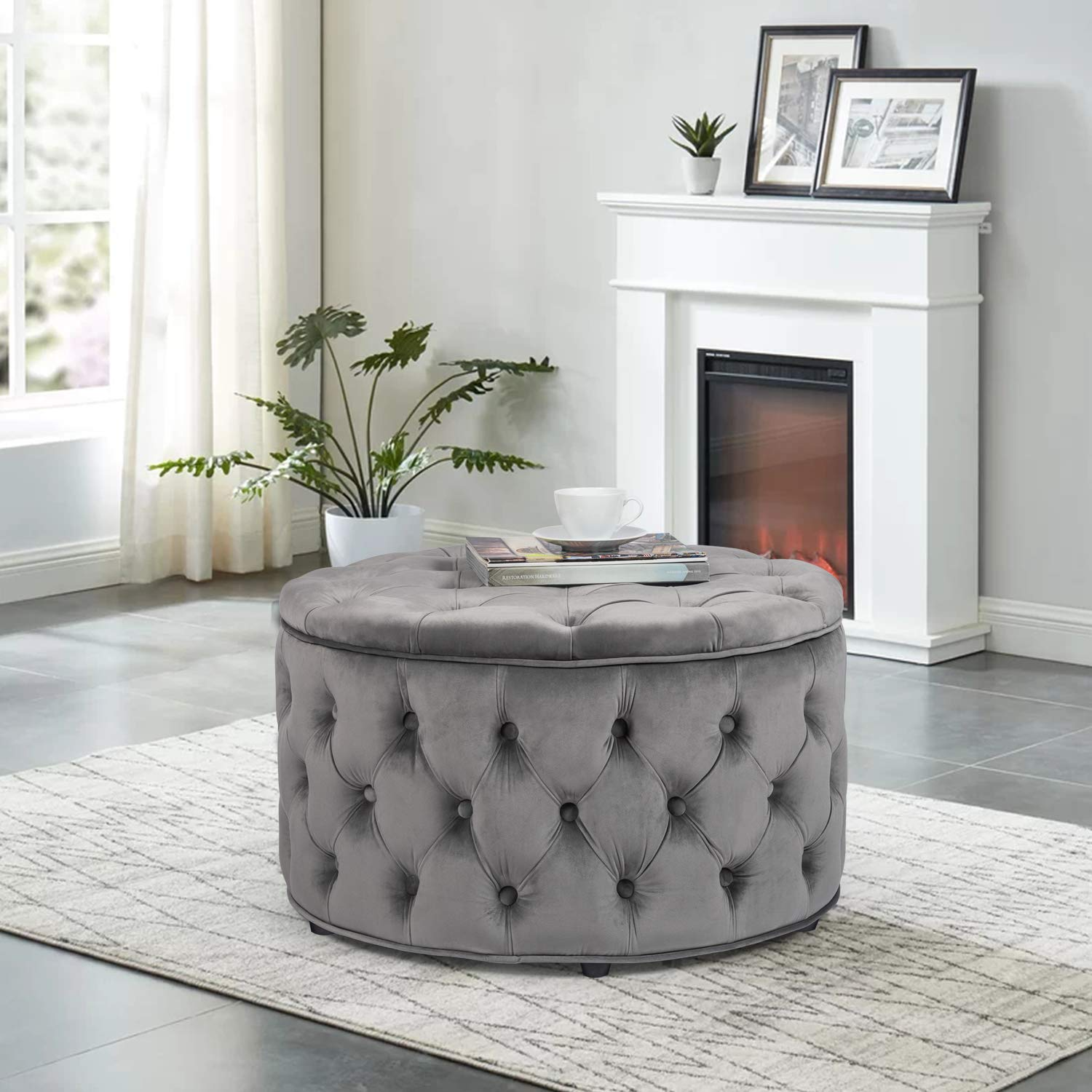 【Furniture】Homebeez Round Velvet Storage Ottoman, Button Tufted Footrest Stool Coffee Table