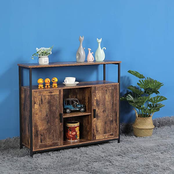 USIKEY Industrial Floor Storage Cabinet with 2 Doors, Kitchen Free Standing Cabinet with Adjustable Shelves, Feet, Storage Sideboard, Accent Cabinet, for Living Room Entry Bedroom, Rustic Brown