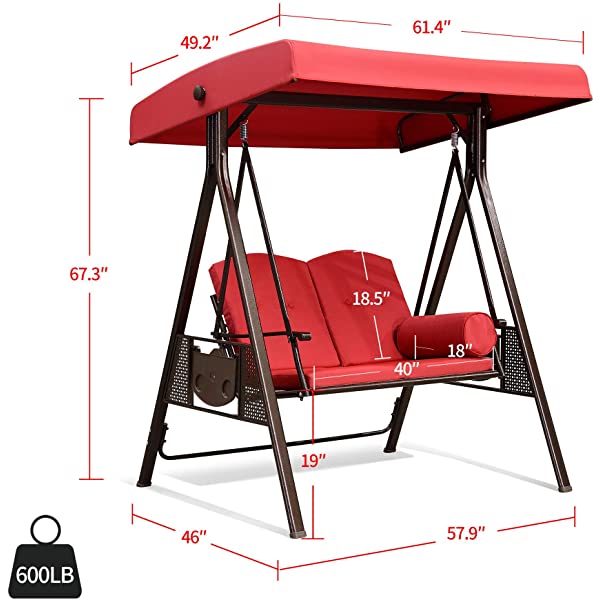 PURPLE LEAF 3-Seat Deluxe Outdoor Patio Porch Swing with Weather Resistant Steel Frame, Adjustable Tilt Canopy, Cushions and Pillow Included, Beige 74.4