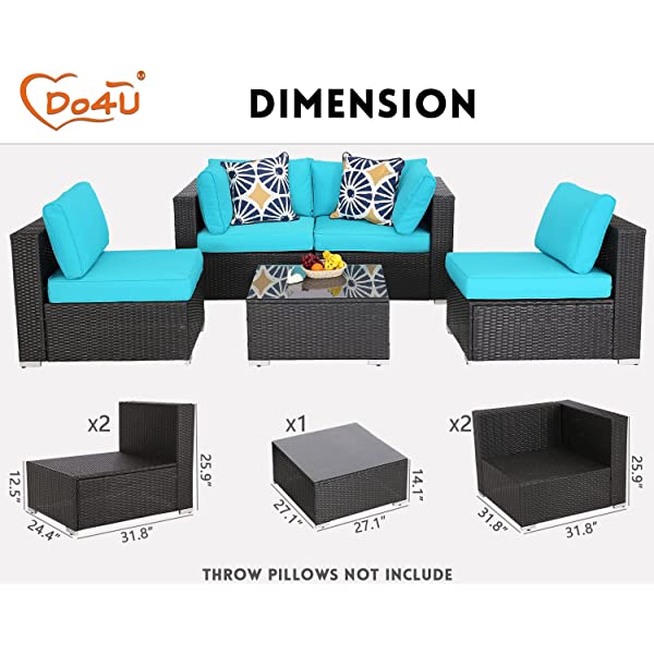 Do4U 5 Pieces Outdoor Patio Furniture Set PE Rattan Patio Set Porch Furniture Cushioned Patio Chairs Set Patio Conversation Set for Garden Balcony Porch Poolside Lawn (Blue)