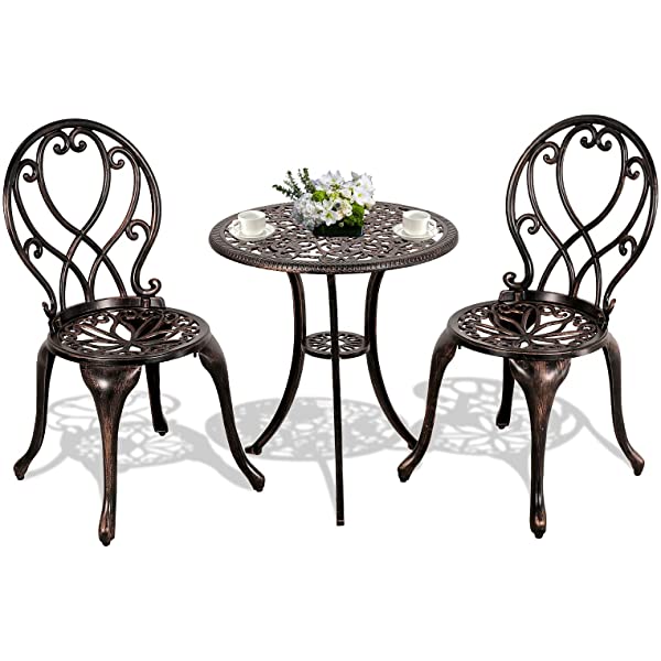 Patiorama 3 Piece Patio Bistro Set, Outdoor Cast Aluminum Furniture Set, All Weather Rust-Resistant Conversation Set w/Umbrella Holen, Antique Finish, Copper