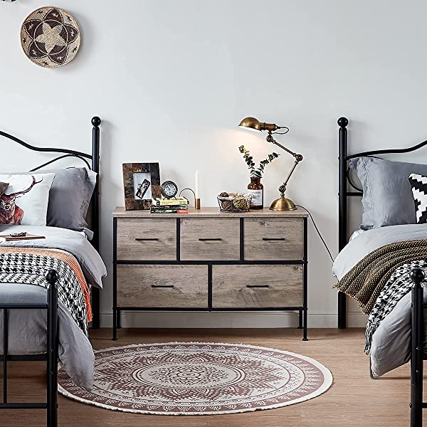 5 Drawer Dresser Long Wide Chest of Drawers Nightstand with Wood Top Rustic Storage Tower Storage Dresser Closet for Living Room, Bedroom, Hallway, Nursery, Kid Weathered Grey