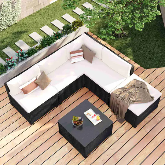 【Furniture】6 Piece PE Weave Rattan Outdoor Furniture Set Patio Garden Sectional Sofa