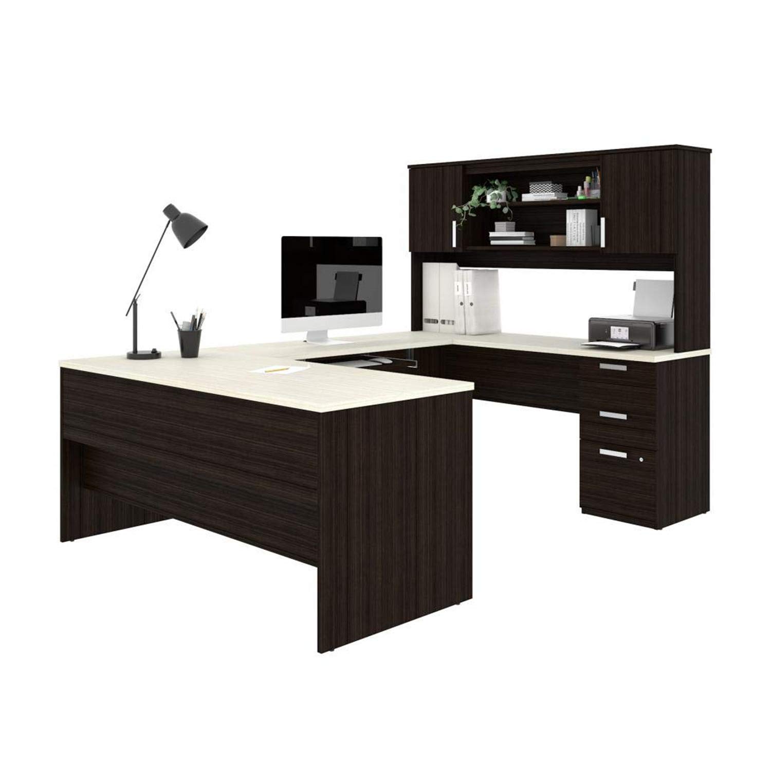 【Furniture】Bestar Ridgeley U-Shaped Executive Desk with Pedestal and Hutch, 65W, White Chocolate