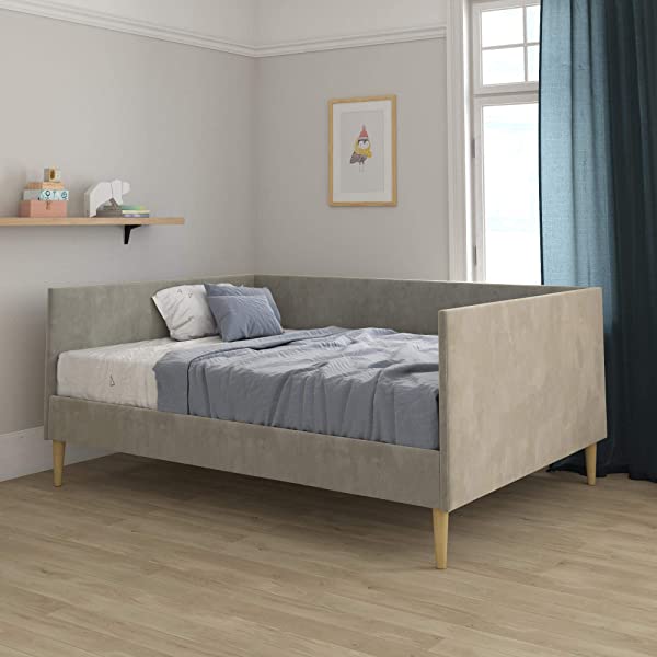 DHP Franklin Mid Century Upholstered Daybed, Sofa Bed, Twin Size Frame, Tan Linen Linen Twin Tan