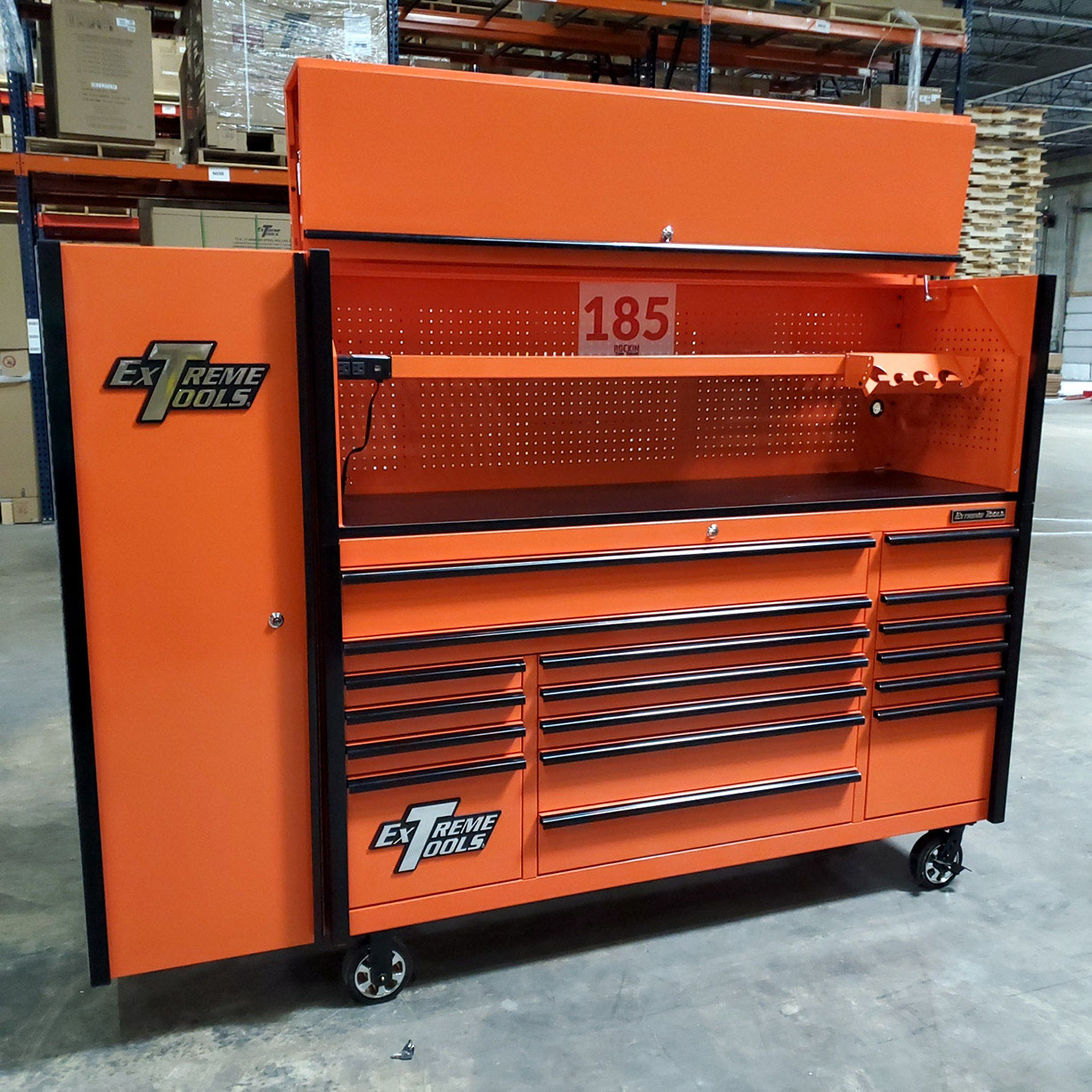 used toolboxScratch & Dent, Extreme Tools DX Series 72 x 21 Triple Bank Roller, Hutch & Side Locker Combo in Orange with Black