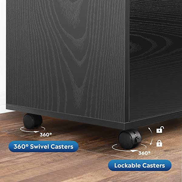 DEVAISE 3-Drawer Wood File Cabinet with Lock, Mobile Lateral Filing Cabinet, Printer Stand with Open Storage Shelves for Home Office, Black