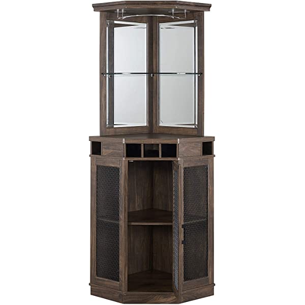 Home Source Stone Grey Corner Bar Unit with Built-in Wine Rack and Lower Cabinet