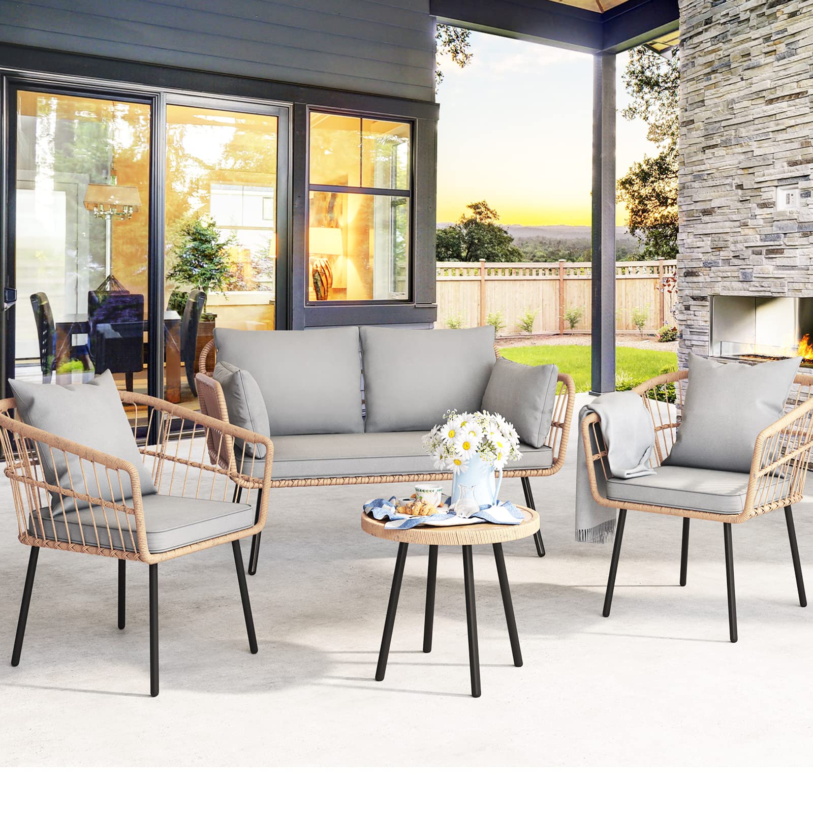 【Furniture】4 Pieces Patio Furniture Set, Wicker Balcony Bistro Set, Outdoor All-Weather Rattan Conversation Set