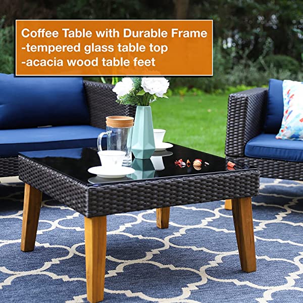 Sophia & William Outdoor Patio Furniture Set All-Weather Wicker Rattan Sectional Sofa Chairs Set, Patio Conversation Set with Acacia Wood Feet & Coffee Table (5 Piece, Navy Blue)