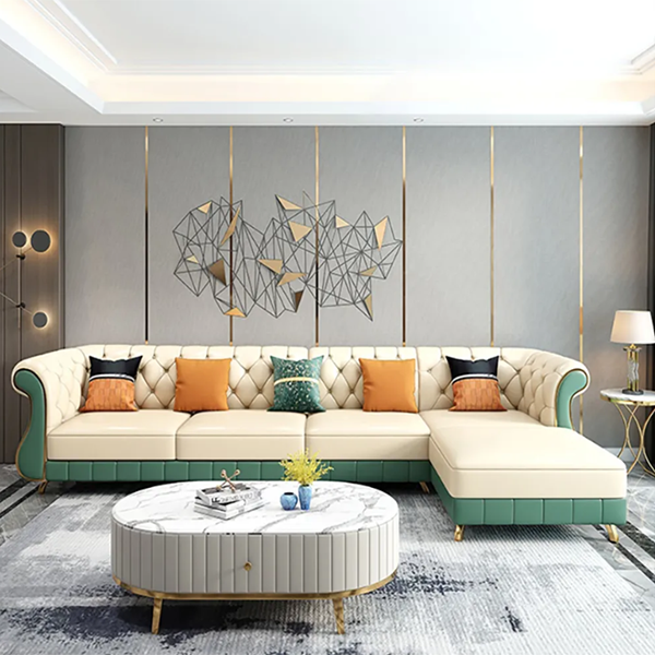 126″ Beige & Green Faux Leather Sectional Sofa with Left Chaise