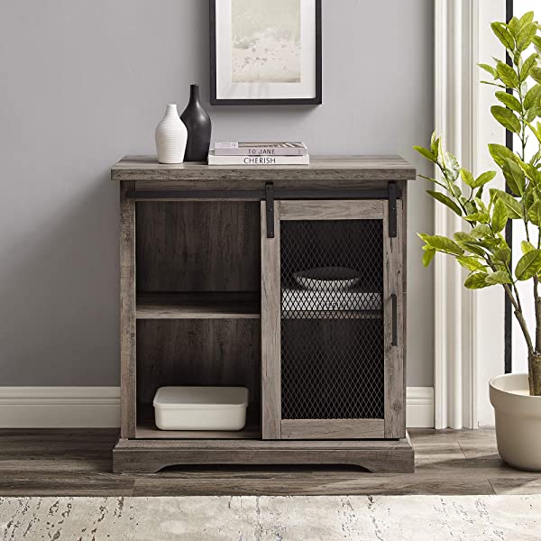 Walker Edison Beaumont Modern Farmhouse Sliding Slat Door Storage Cabinet, 32 Inch, White Oak White Oak Groove Door Cabinet