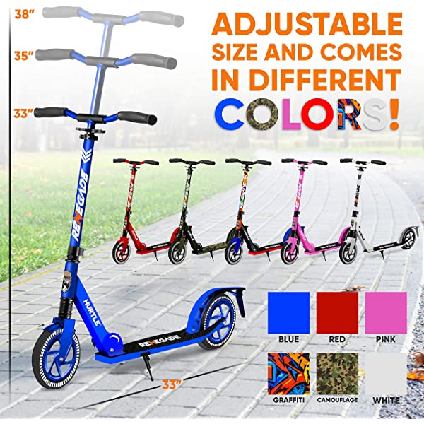 Hurtle Scooter – Scooter for Teenager – Kick Scooter – 2 Wheel Scooter with Adjustable T-Bar Handlebar – Folding Adult Kick Scooter with Alloy Anti-Slip Deck Pink