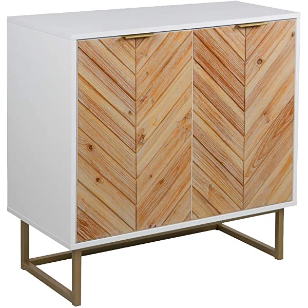 Nathan James Enloe Modern Storage, Free Standing Accent Cabinet with Doors in a Rustic Fir Wood Finish Powder-coated Metal Base for Hallway, Entryway or Living Room, White/Gold