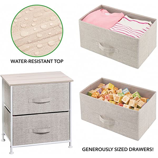 mDesign Storage Dresser End/Side Table Night Stand Furniture Unit - Small Standing Organizer for Bedroom, Office, Living Room, and Closet - 2 Drawer Removable Fabric Bins - Gray/White Grey