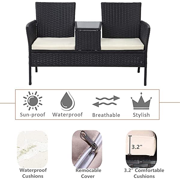 Outdoor Patio Loveseats, Patio Conversation Set with Cushions and Table, Wicker Sofa Set with Built-in Coffee Table, Tempered Glass Top, Modern Rattan Sofas for Garden Lawn Backyard Beige