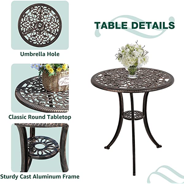 Patiorama 3 Piece Patio Bistro Set, Outdoor Cast Aluminum Furniture Set, All Weather Rust-Resistant Conversation Set w/Umbrella Holen, Antique Finish, Copper